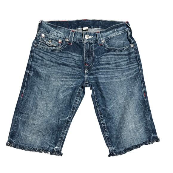 True Religion Straight Cut Cutoff Jorts Size 32 Flag Pocket Distressed - Picture 1 of 6
